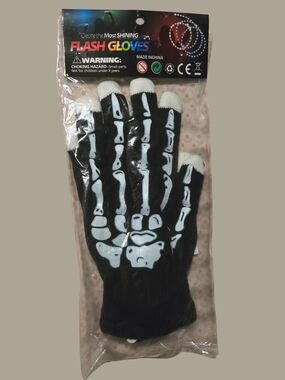 Skeleton Light Up Finger Halloween Gloves Mens One Size